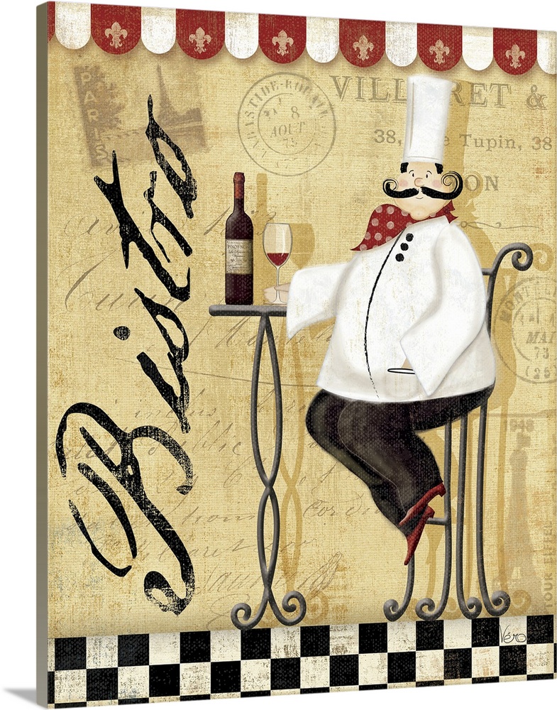 Decorative artwork perfect for the kitchen of a large chef sitting at a tall table with a bottle of wine and glass placed ...