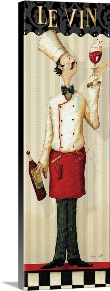 Artwork perfect for the kitchen that is a vertical print showing a chef holding a bottle of wine and a filled wine glass i...