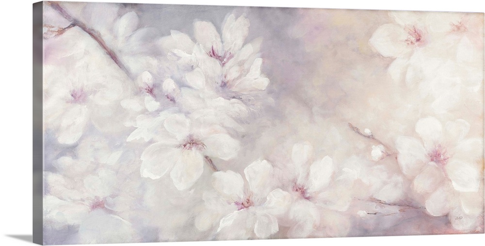 Large abstract watercolor painting of white cherry blossoms on a soft purple, pink, and orange background.