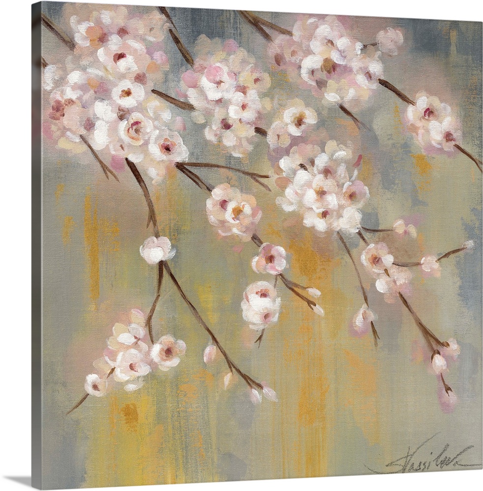 Contemporary painting of branches with pink cherry blossoms.