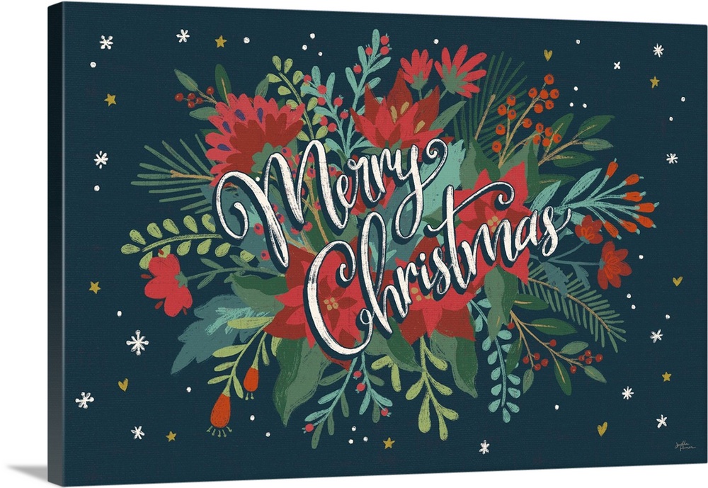 Decorative artwork of red flowers and leaves with the text "Merry Christmas" on a dark navy background.