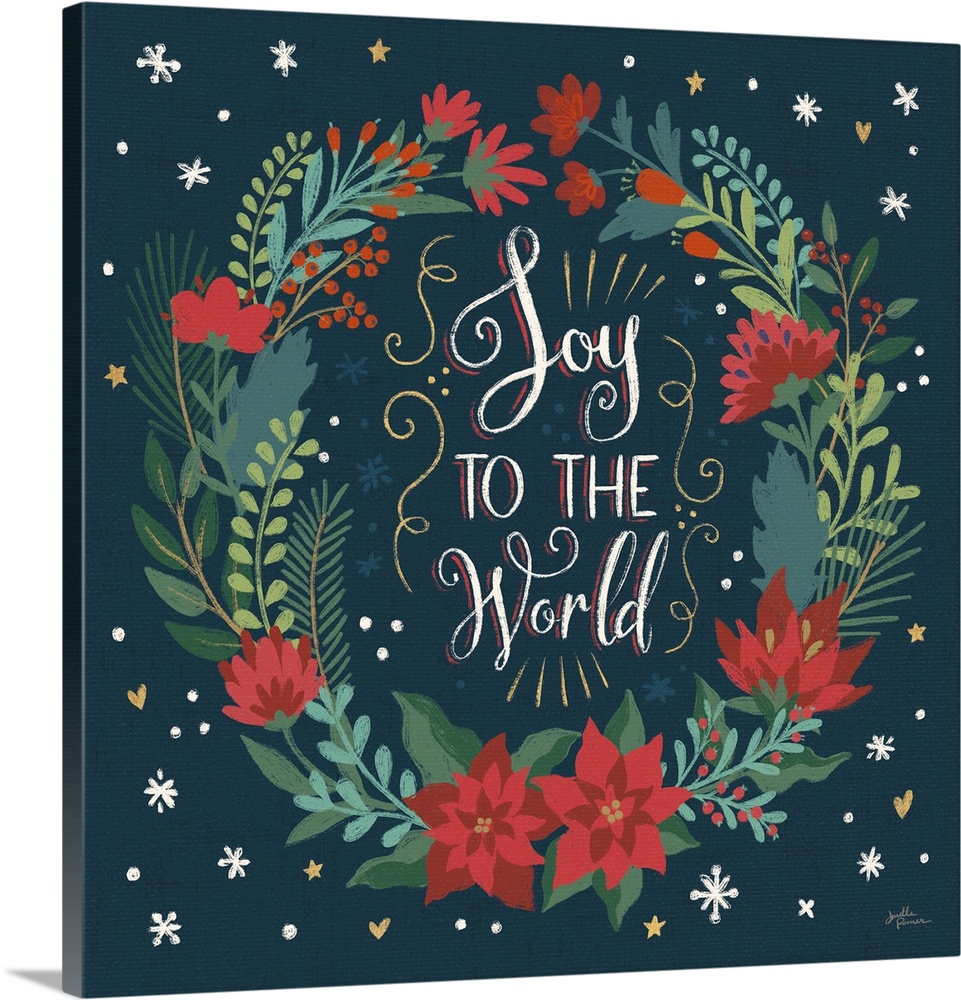 Decorative artwork of a wreath surrounding the text "Joy To the World"  on a dark navy background.