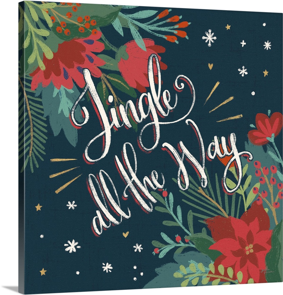 Decorative artwork of red flowers and leaves with the text "Jingle all the Way" on a dark navy background.