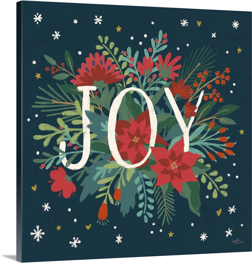 Decorative artwork of red flowers and leaves with the text "Joyy" on a dark navy background.
