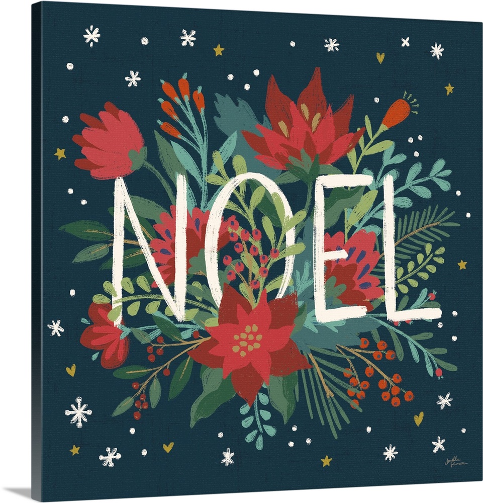 Decorative artwork of red flowers and leaves with the text "Noel" on a dark navy background.