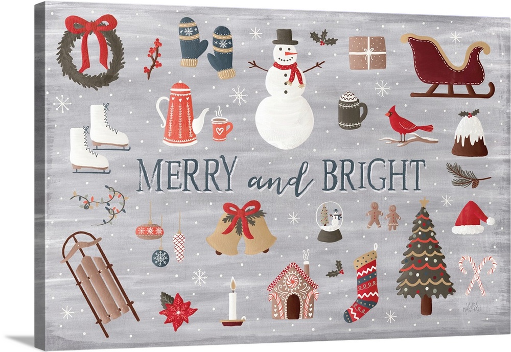 Decorative artwork of varies Christmas themed items such as a wreath, stockings and ornaments with the text " Merry and Br...