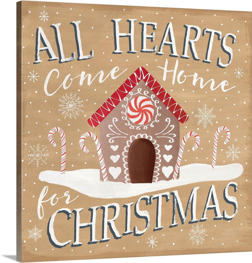 Square decorative artwork of a gingerbread house with the text "All Hearts Come Home for Christmas" on a beige backdrop.