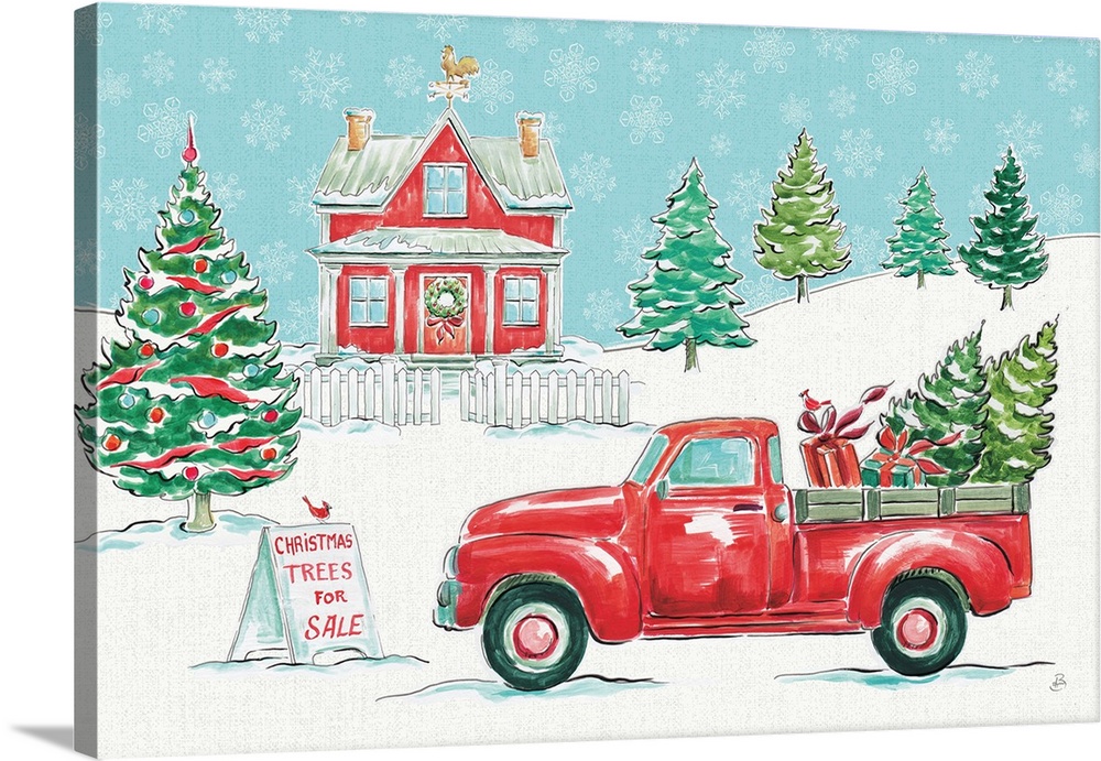 A decorative holiday scene of a vintage truck carrying Christmas trees at a tree farm covered in snow and a blue sky full ...