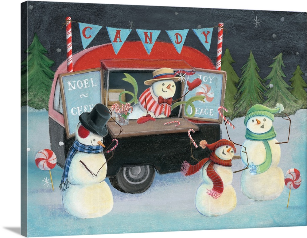 A delightful design of snowmen receiving candy canes from a candy food truck.