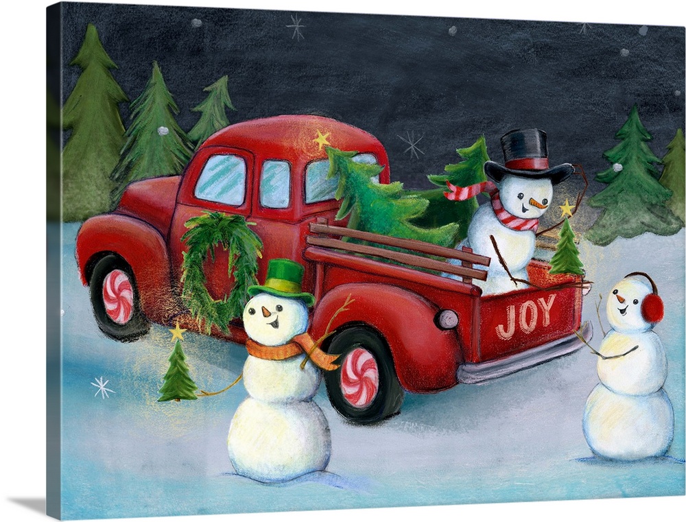 A delightful design of snowmen getting Christmas trees from a truck.