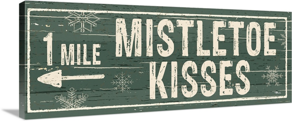 Decorative artwork with a holiday theme with the text "1 Mile Mistletoe Kisses" on a green backdrop.