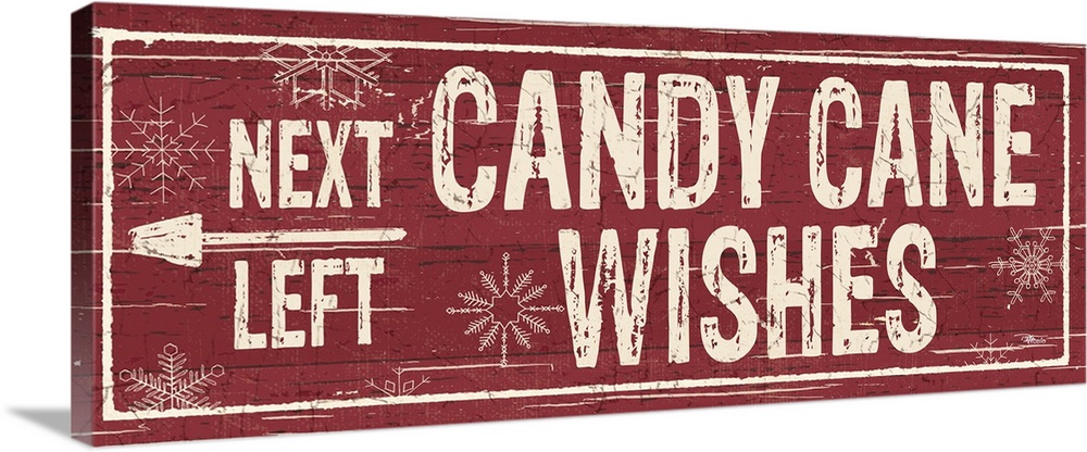 Decorative artwork with a holiday theme with the text "Next Left Candy Cane Wishes" on a red backdrop.
