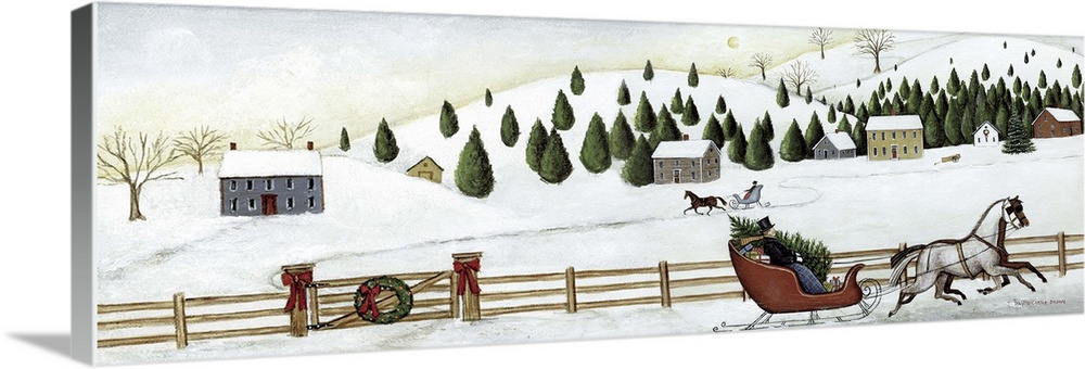 Contemporary painting of an idyllic winter scene with a horse drawn sleigh in the foreground.