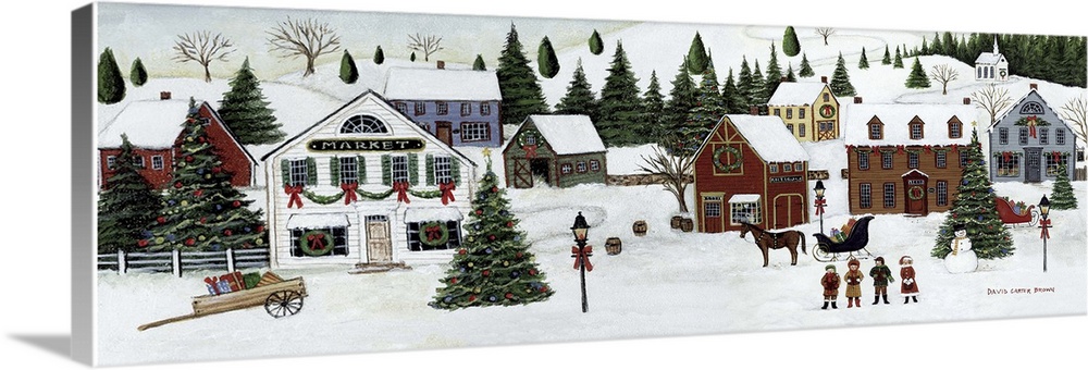 Contemporary painting of an idyllic winter scene of small rural town during Christmas.