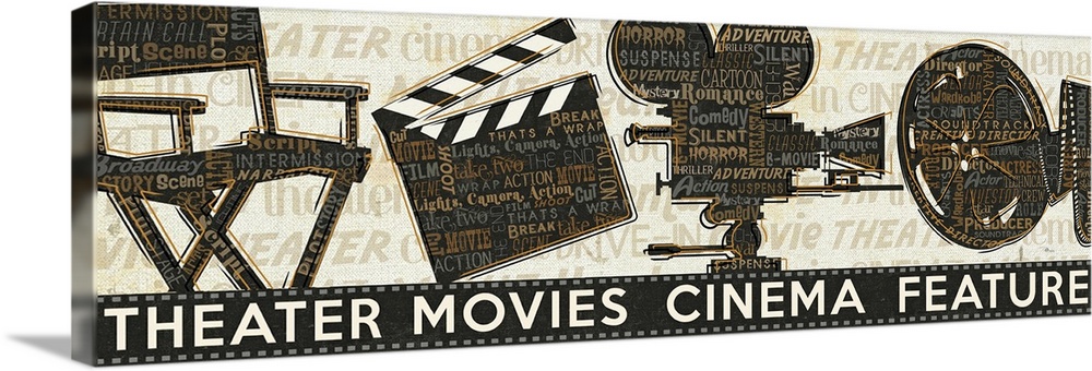 Landscape, giant wall hanging of movie related imagery, including the silhouettes of a directors chair, clap board, a movi...