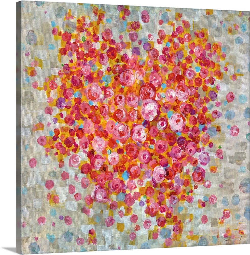 A square abstract painting in the shape of a heart composed of multi-color dots and square shapes.