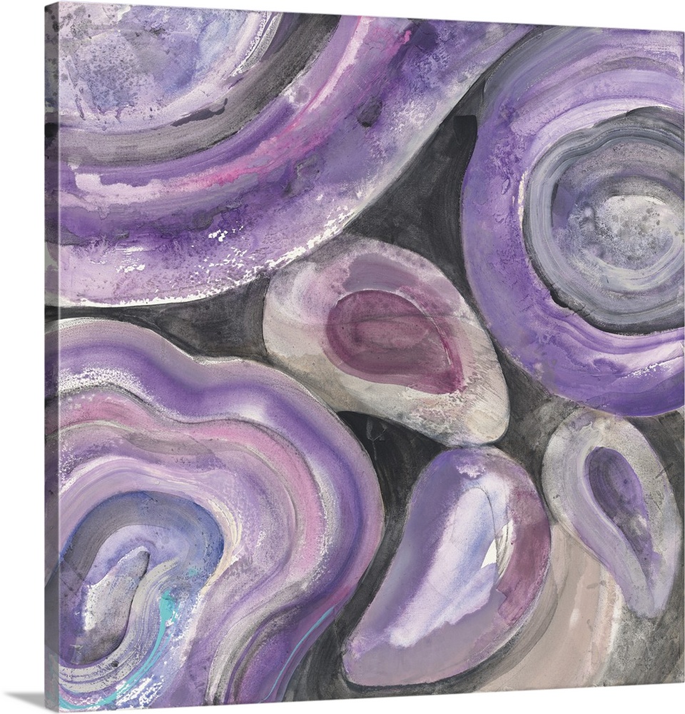 Square abstract painting with rounded purple and pink designs on a black background.