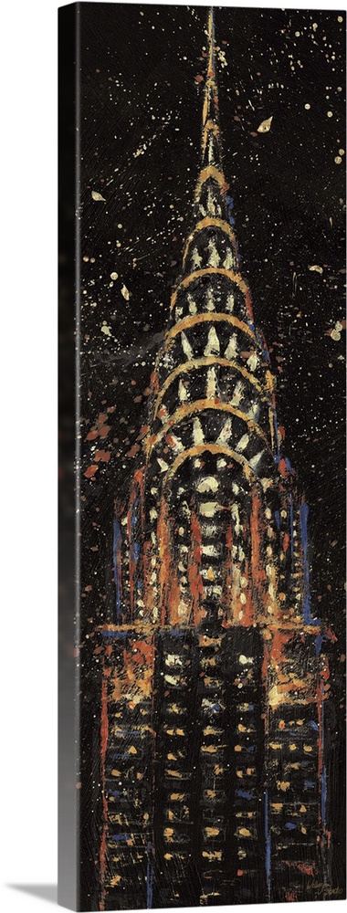 Contemporary painting of the Chrysler Building, with splatters of bright paint added for a moving effect.