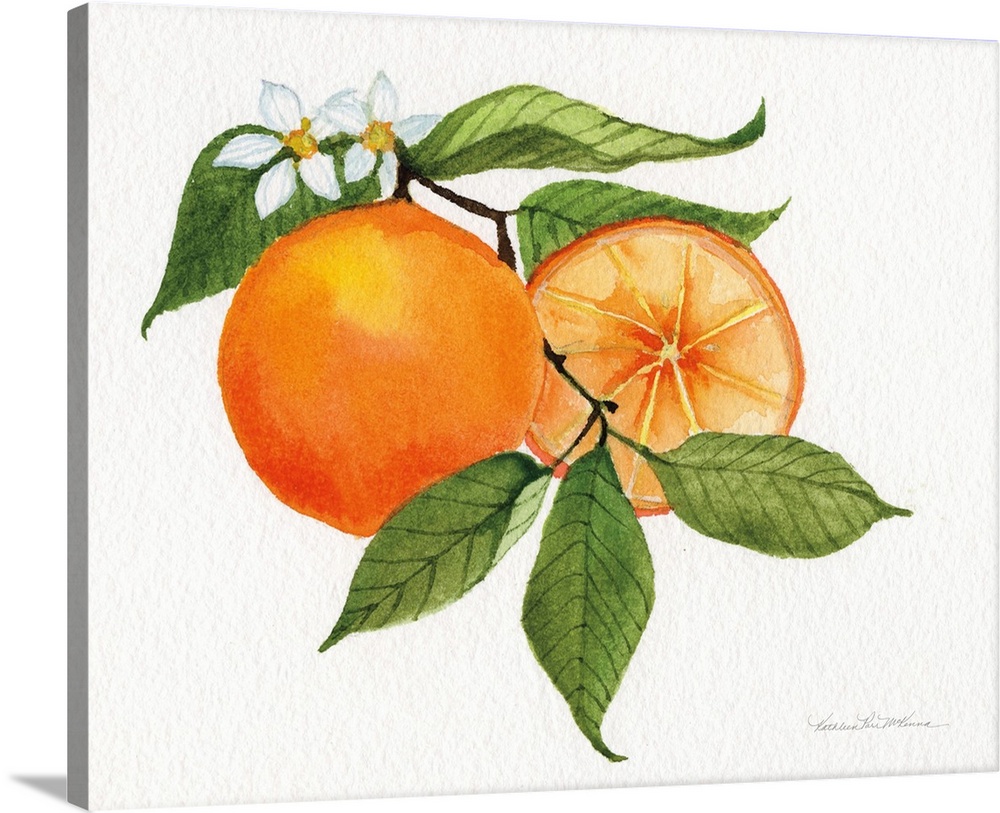 Contemporary artwork of a branch of oranges on a neutral backdrop.