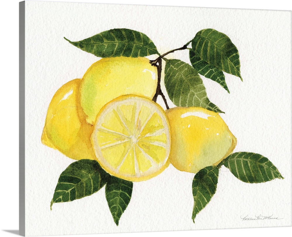 Contemporary artwork of a branch of lemons on a neutral backdrop.