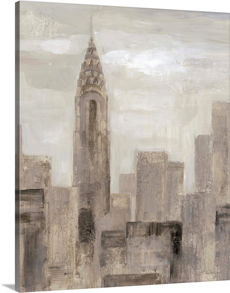 Neutral toned abstract painting of the New York City skyline with the Chrysler Building.