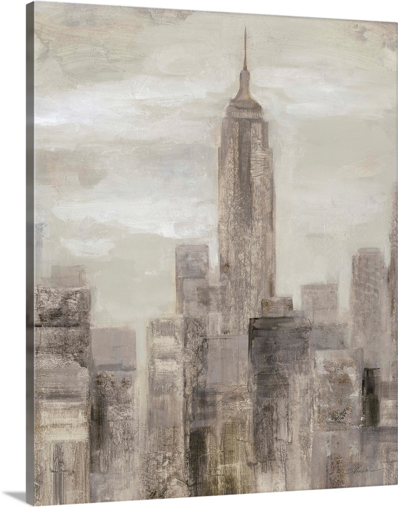 Neutral toned abstract painting of the New York City skyline with the Empire State Building.