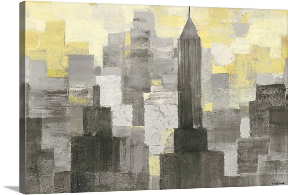 Contemporary artwork of skyscrapers in a city in shades of grey and yellow.