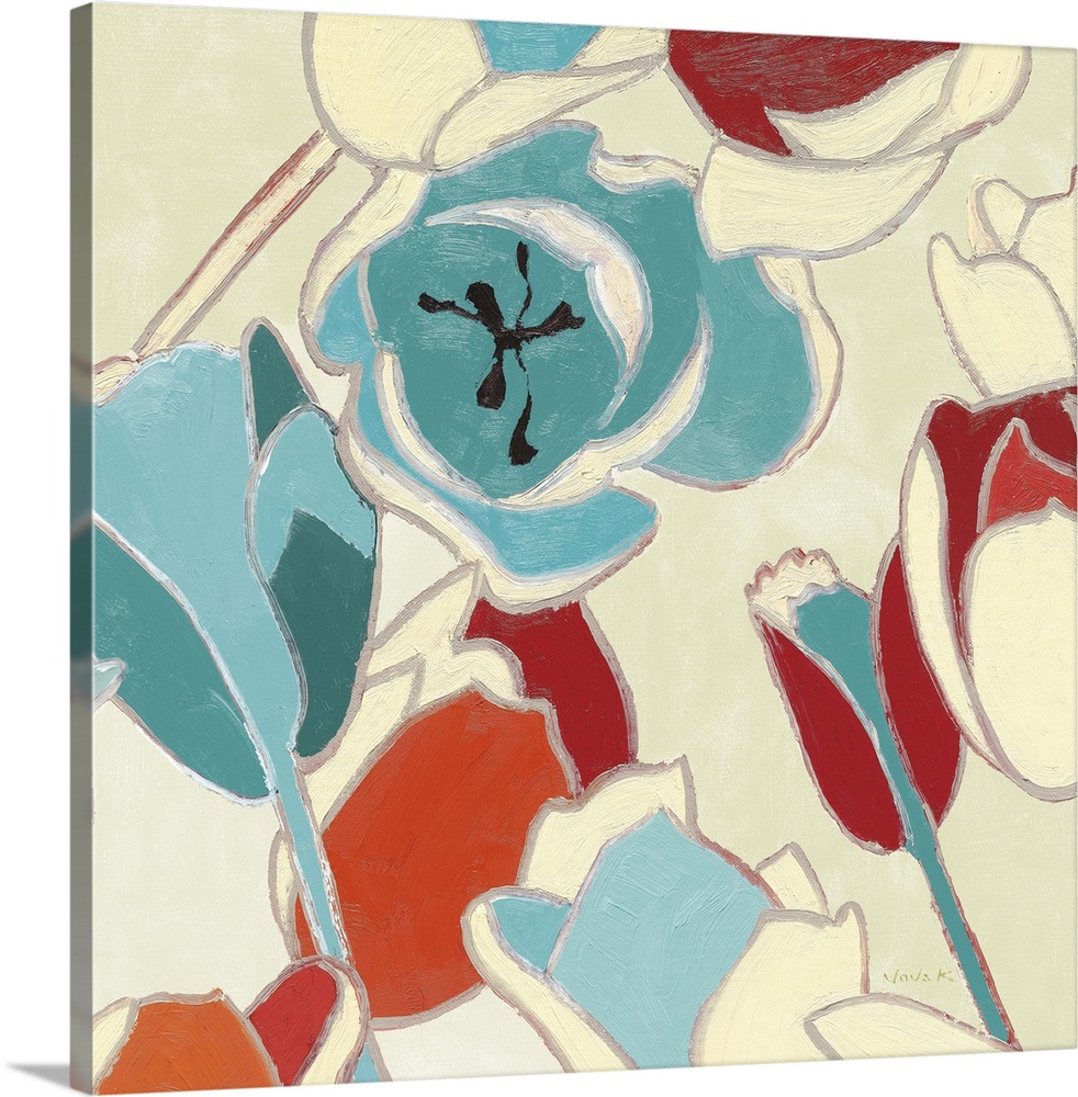 Contemporary artwork of garden flowers in a retro colors and bold gilded outlines.