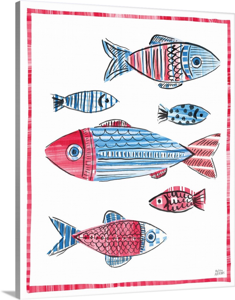 A decorative design of fish in red and blue on a white background with a red border.