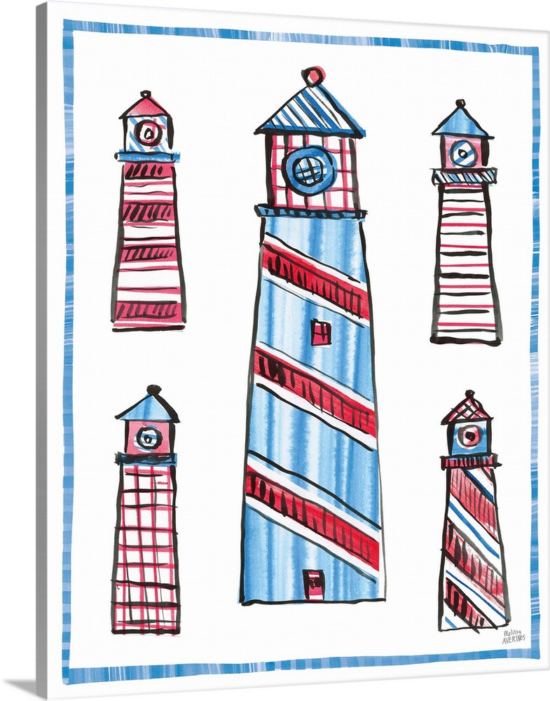 A decorative design of lighthouses in red and blue on a white background with a blue border.