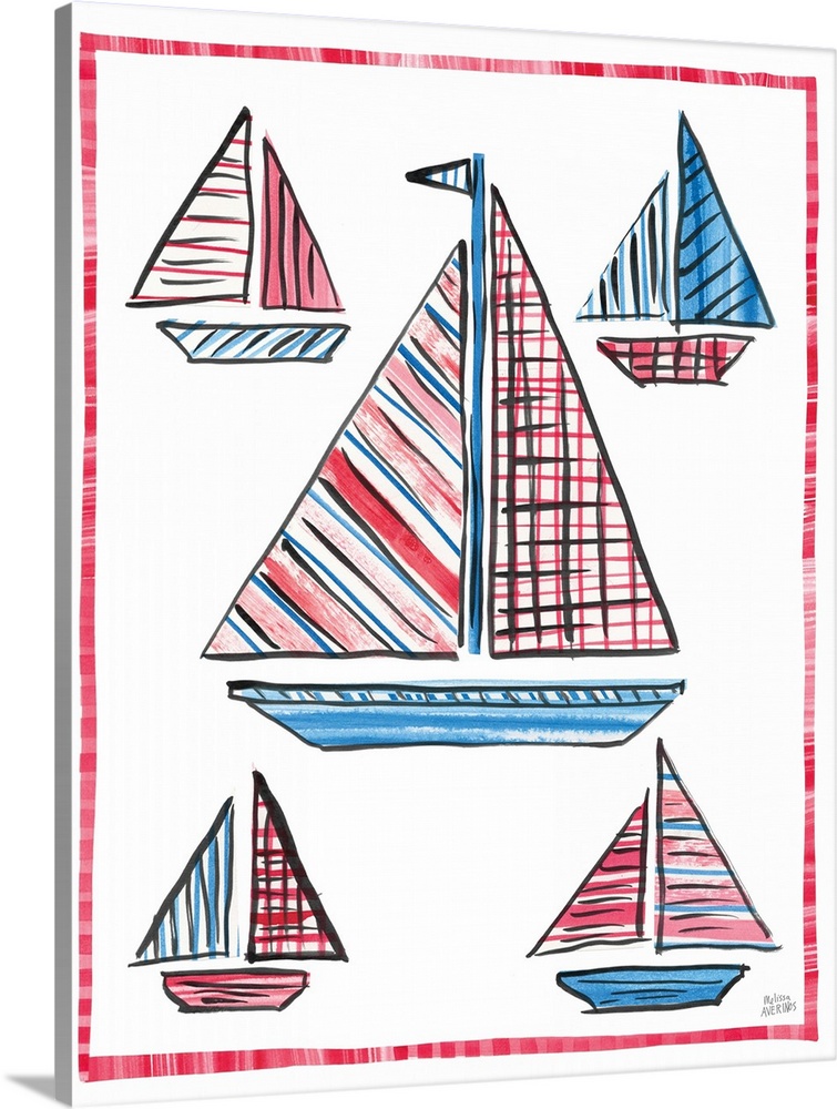 A decorative design of sailboats in red and blue on a white background with a red border.