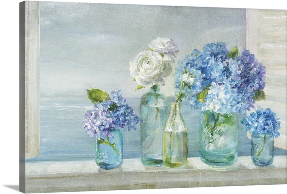 Contemporary still-life painting of a blue and white flowers in glass bottles and jars.