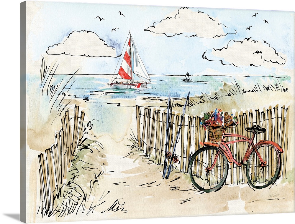 Watercolor painting of a beach scene with a red bicycle and fishing poles in the foreground and a sailboat in the background.