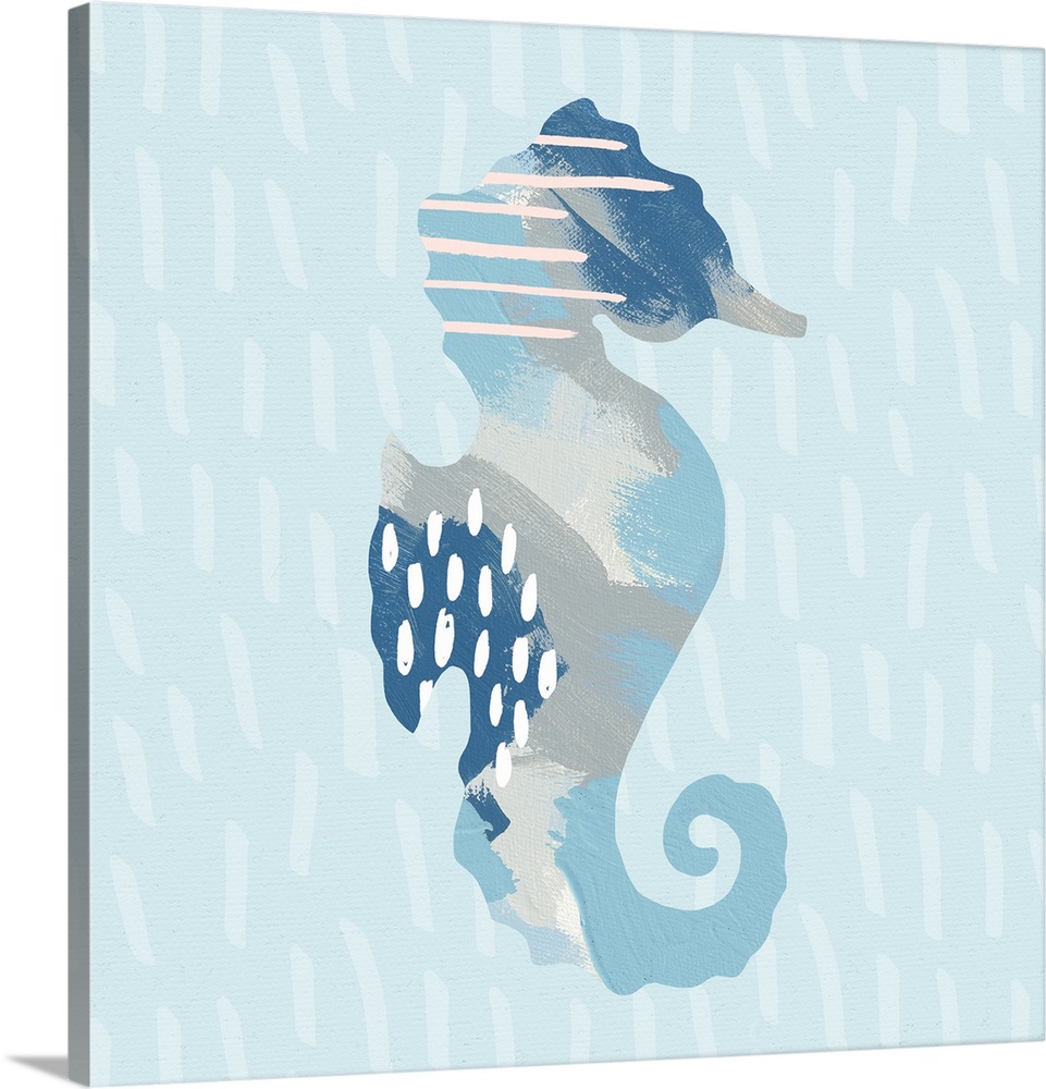 Decorative artwork featuring a sea horse silhouette made up of abstract shapes and designs over a soft blue background.