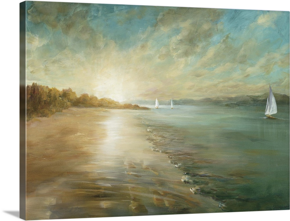 Contemporary artwork of a sandy beach at low tide in morning light.