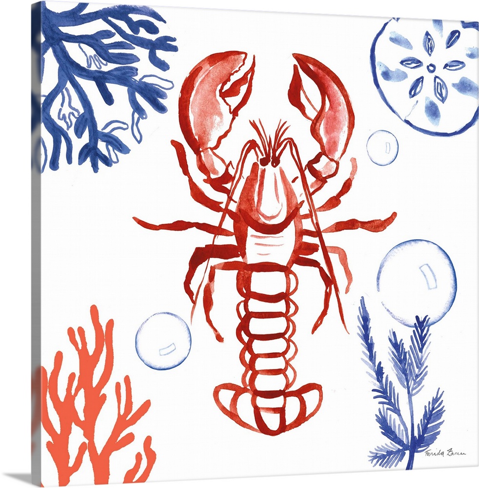 Square beach decor in coral, red, blue, and white hues with a lobster in the center surrounded by bubbles, a sand dollar, ...