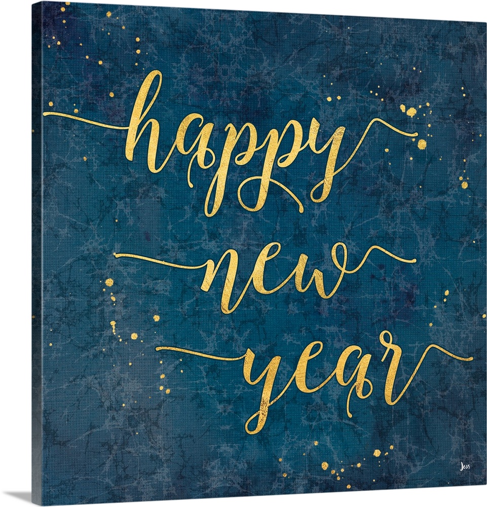 Decorative square artwork of a marbled blue background with the text "happy new year" in gold with gold splatters.