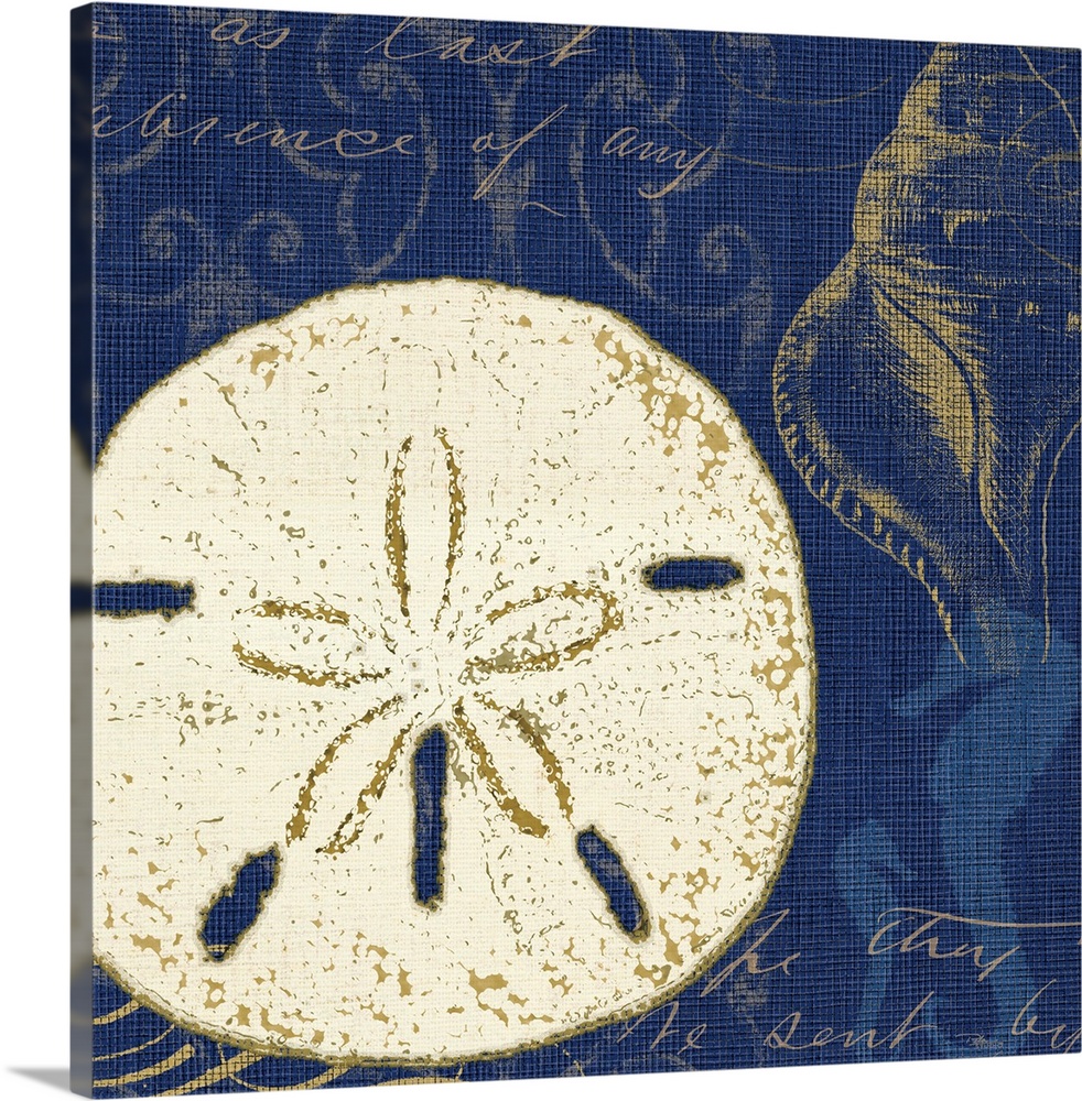 Contemporary artwork of a sand dollar with other types of sea life against a blue background.