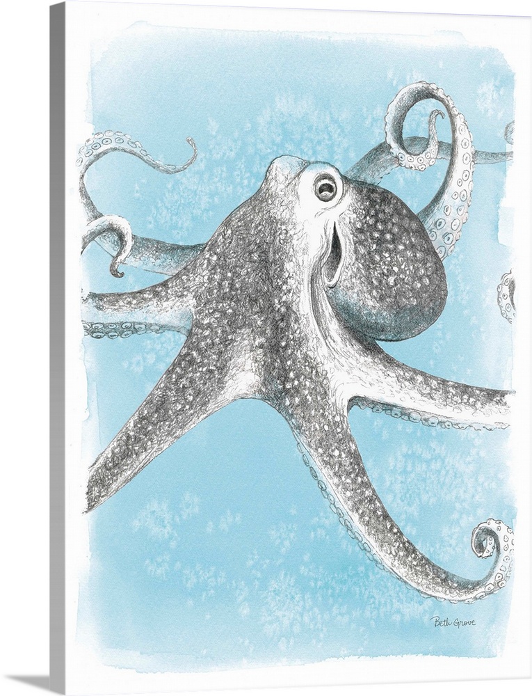 Decorative artwork featuring a drawn octopus swimming through a blue ocean.