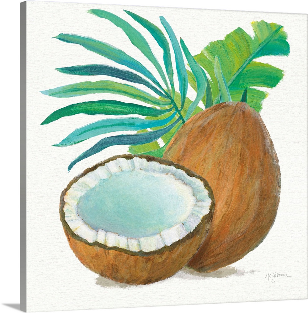 Square painting of coconuts and tropical leaves on a white background.