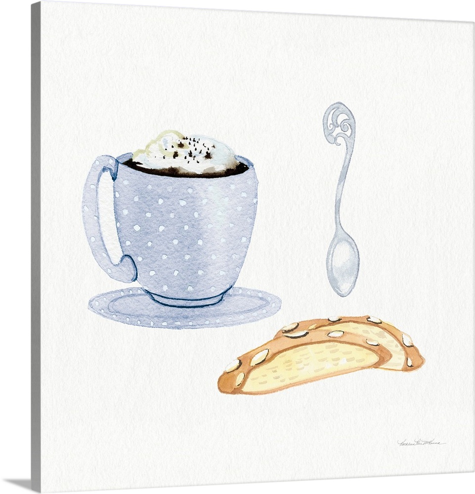 Square watercolor painting of a blue and white polka dot coffee cup with biscotti and a spoon on a white background.