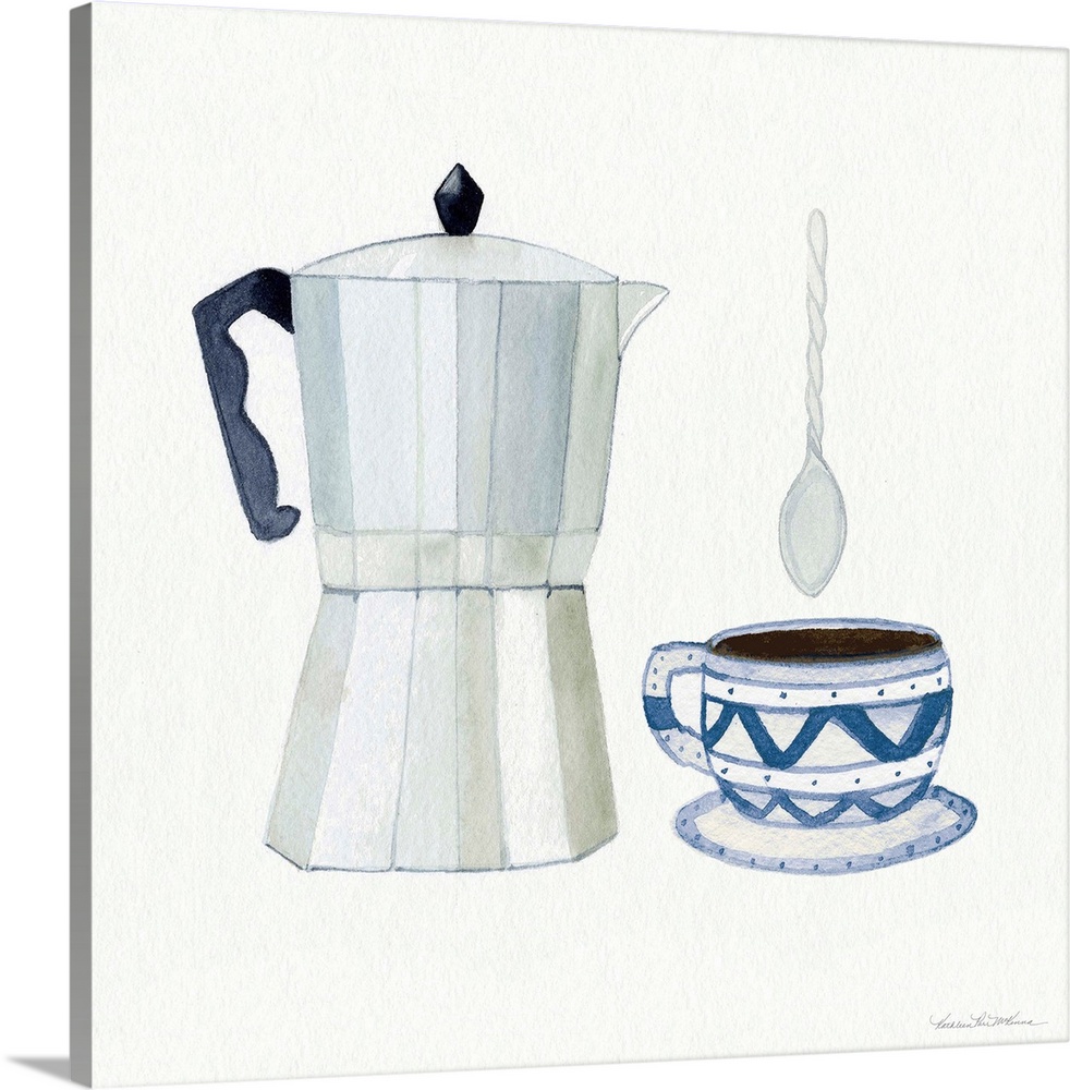 Square watercolor painting of an espresso maker and blue and grey designed coffee cup with a twisted spoon above on a whit...