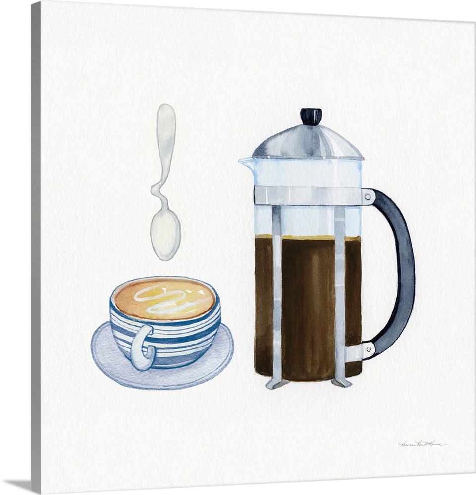 Square watercolor painting of a french press and a blue and grey designed coffee cup with a twisted spoon above on a white...