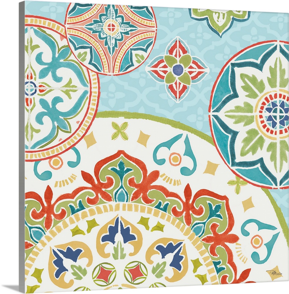 Square artwork of a floral tile design in cool colors of blue, green and red.