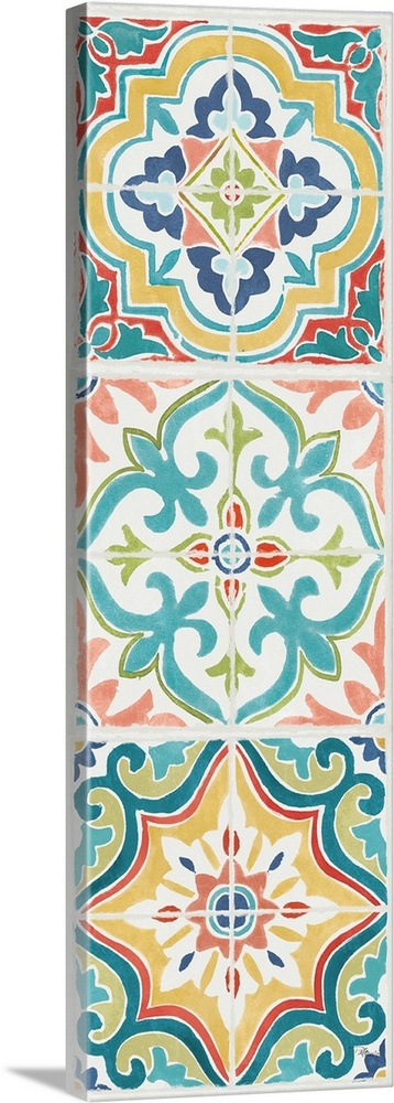Vertical artwork of square floral tile designs in cool colors of blue, green and red.