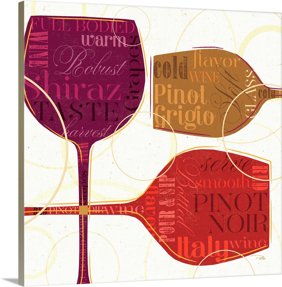 Oversized, square artwork of several wine glasses in varying solid colors, placed in different directions, each with text ...
