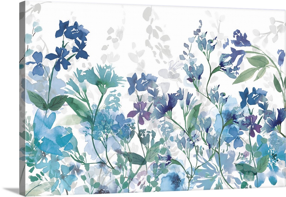Contemporary artwork of a garden full of blue and purple flowers on a white background.