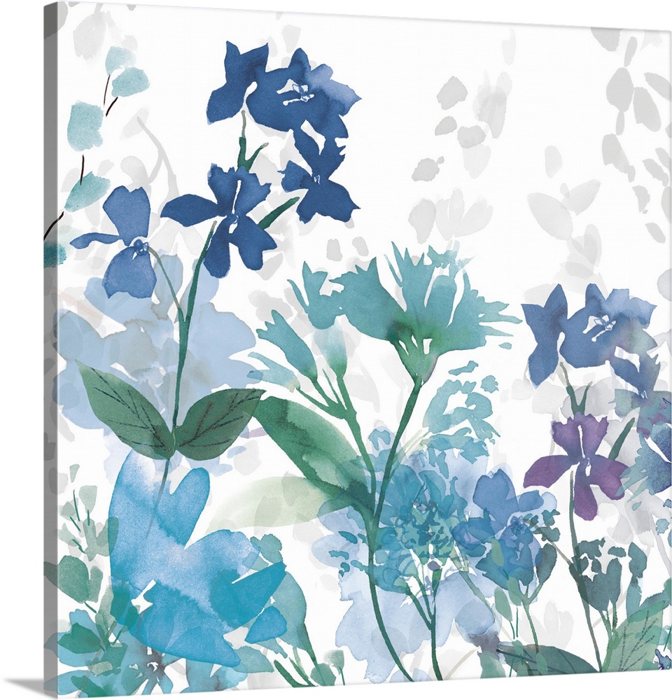 Contemporary artwork of a garden full of blue and purple flowers on a white background.