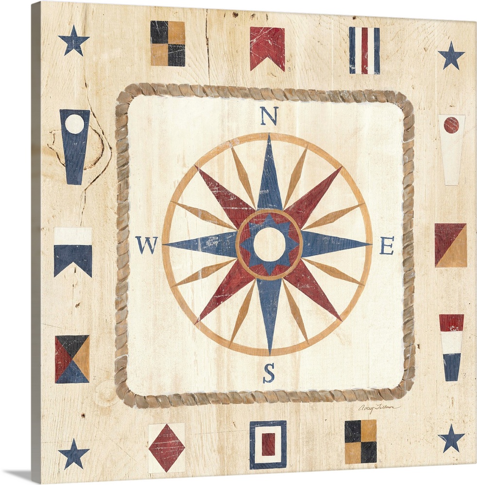 Contemporary artwork of a compass, surrounded by nautical signal flags