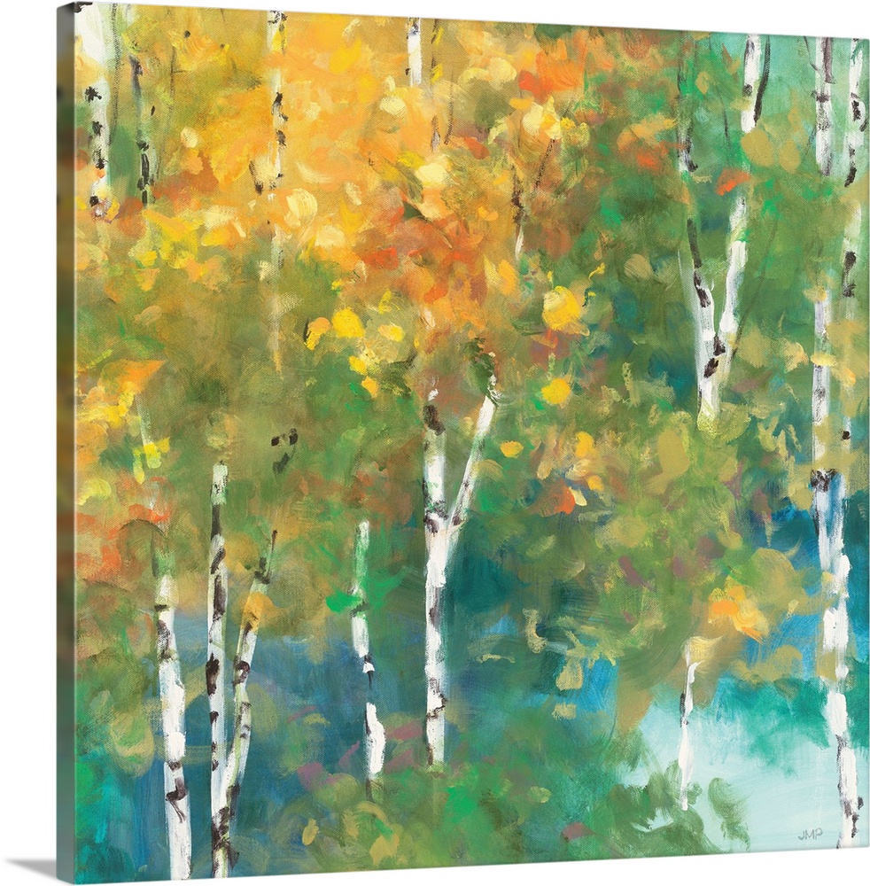 Contemporary artwork of a forest of thin birch trees turning fall colors.